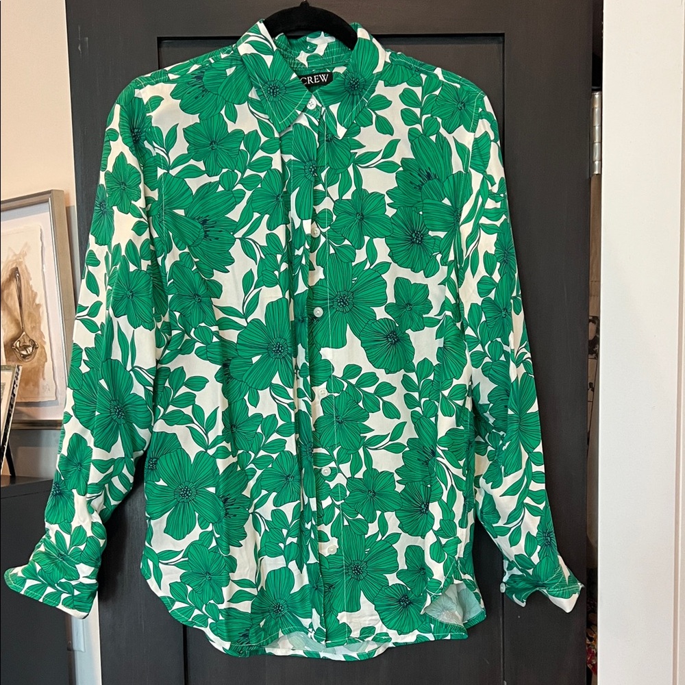 J. Crew Women’s silk-like Shirt with Green Floral Pattern